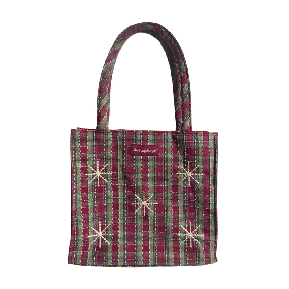 Longaberger Snowflake Plaid Fabric Handbag Tote 2009 Double Handle Christmas